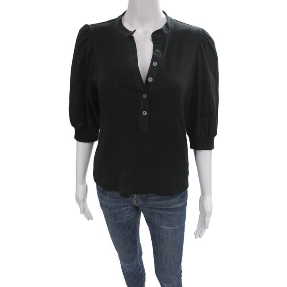 Veronica Beard Women Basic Blouse Black Henley 3/4 Sleeve Pima Cotton Size M